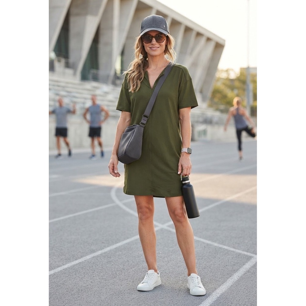 Athleta Farallon Dress Olive Green Cotton Blend Notched V-Neck Mini Size L NEW